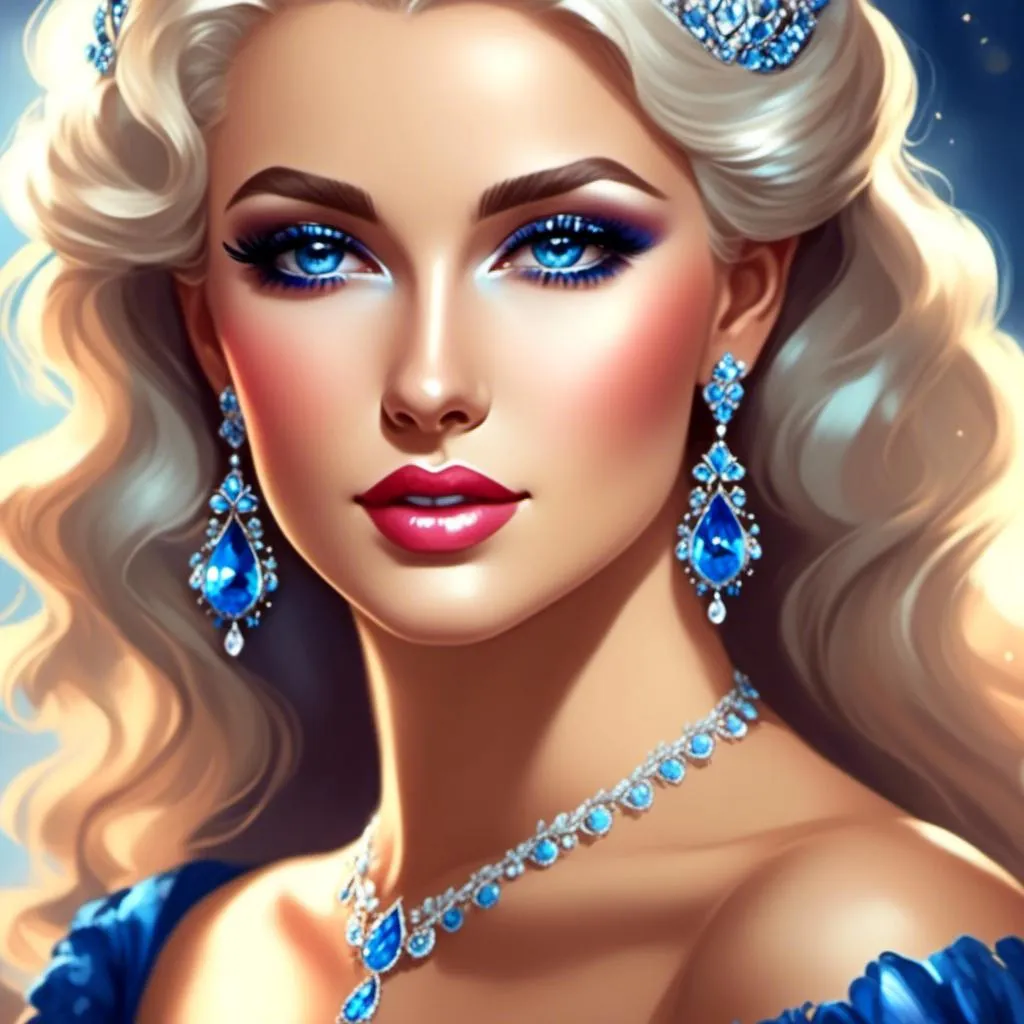 Prompt: A beautiful woman, snow white hair with pastel highlights, frosty blue eyes, blue eyeshadow, blue jewels on forehead<mymodel>