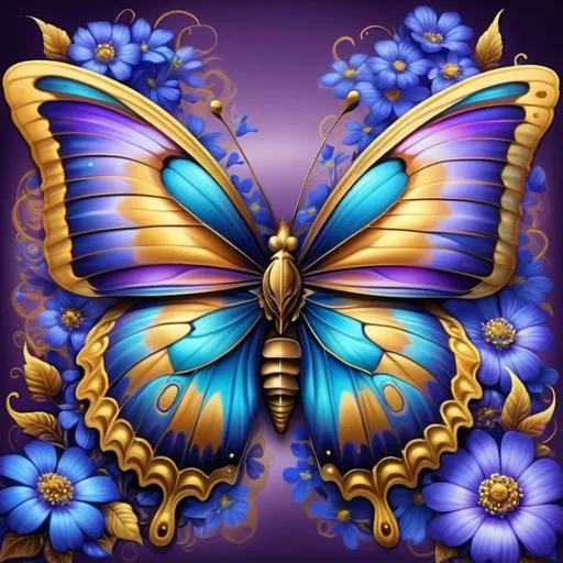 Prompt: <mymodel> a colorful butterfly with blue flowers on a purple background with gold accents. Android Jones, psychedelic art, highly detailed digital painting, an airbrush painting