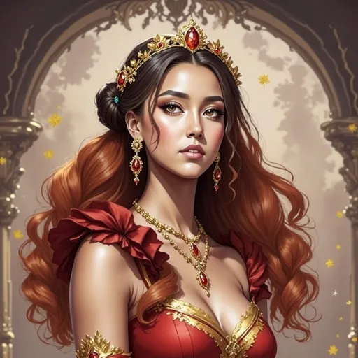 Prompt: <mymodel> a woman in a red dress with gold trimmings and a tiara on her head and shoulders, Chen Hong, fantasy art, highly detailed digital painting, a detailed painting