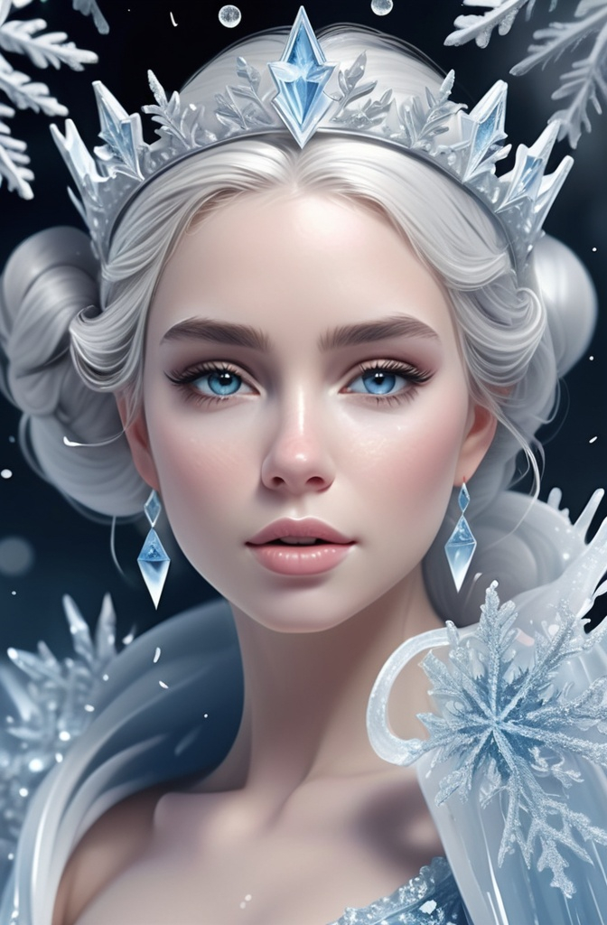 Prompt: (ice queen), ethereal beauty, glistening ice crystals, flowing icy gown, detailed ornate crown, frosty blue and silver tones, sparkling snowflakes in the air, majestic winter landscape, enchanting atmosphere, bright white light contrasts with cool shades, high detail, ultra-detailed, 4K quality, captivating and magical ambiance.