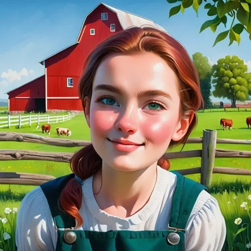 Prompt: Classic farm scene with a red barn, rustic countryside setting, vibrant green pastures, traditional wooden fences, clear blue sky, high quality, oil painting, classic style, warm tones, natural lighting