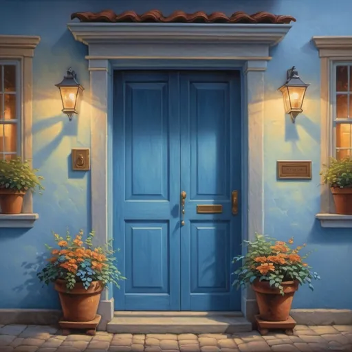 Prompt: a blue door with two potted plants on the side of it and a window above it with a light on, Evgeny Lushpin, american scene painting, kinkade, a detailed painting