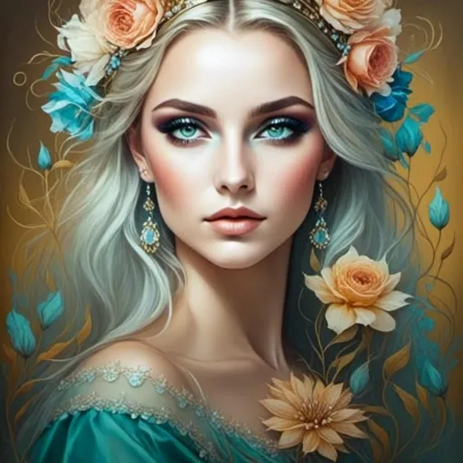 Prompt: <mymodel>Nataasha-Beautiful woman with flowers, oil painting, detailed fiery eyes, ethereal glow, dark and mysterious, high quality, vibrant colors, surreal, haunting, intricate floral details, intense gaze, mystical atmosphere, oil painting, demon, hybrid, fiery eyes, ethereal, vibrant colors, surreal, haunting, floral details, intense gaze, mystical atmosphere