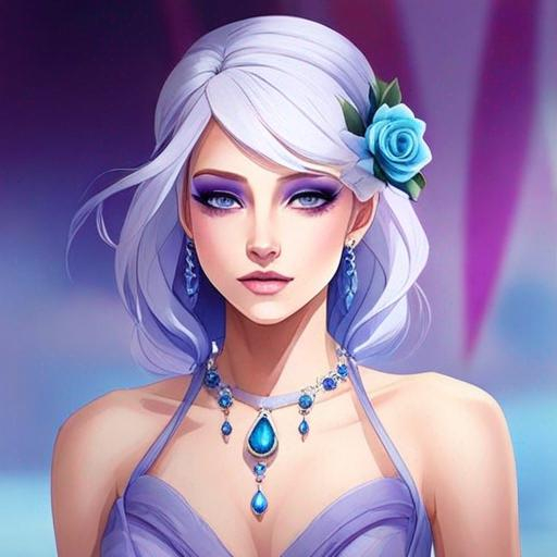 Prompt: A beautiful woman, white hair with pastel purple highlights, violet eyes, blue eyeshadow, pastel blue roses in her hair, blue jewels on forehead, cartoon style