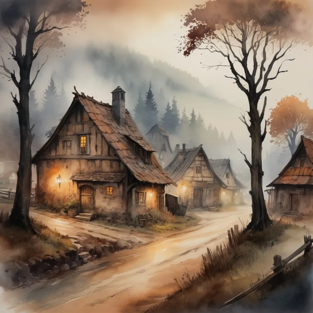 Prompt: watercolor, small village, foggy, rustic, dramatic fantasy settlement scene, warm tones