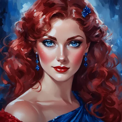 Prompt: A lady in red, blue eyes, Auburn hair, facial closeup<mymodel>