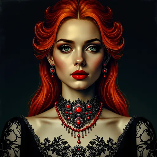 Prompt: a woman with red hair wearing a black dress and red lipstick and a necklace with red beads and jewels, Dirk Crabeth, gothic art, gothic, a photorealistic painting