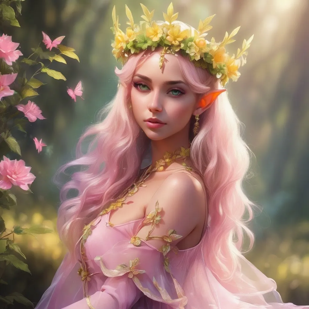 Prompt: Girl, elf, fairy, fantasy, flowers, dreaming, sunny day, pink, green, yellow, natural, she is Queen, grandiose fairy flower dress, grandiose fairy crown, hight quality, grandiose fairy flower wings, in hand she has grandiose fairy flower sceptre