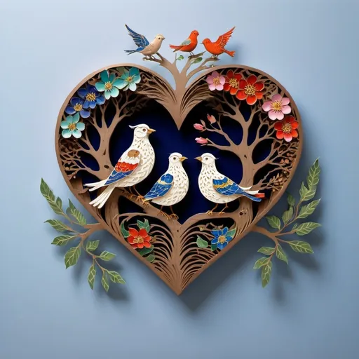 Prompt: a tree with two birds sitting on it and a heart shaped tree with flowers in the middle of it, Annabel Kidston, cloisonnism, book cover, a storybook illustration