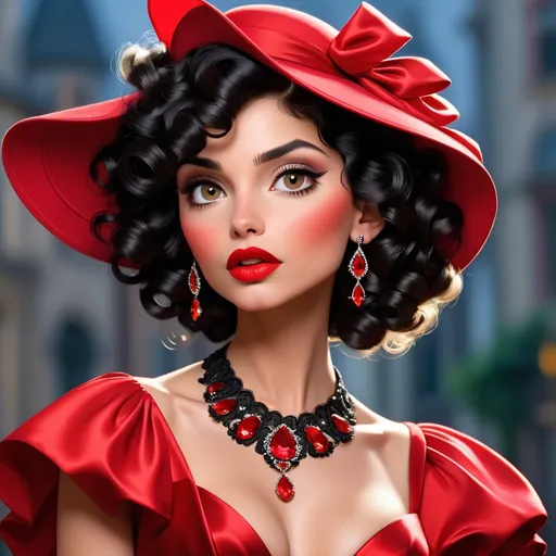 Prompt: Curly black hair, red lips, ruby jewelry, woman in red dress, high quality, detailed, close-up portrait, vibrant colors