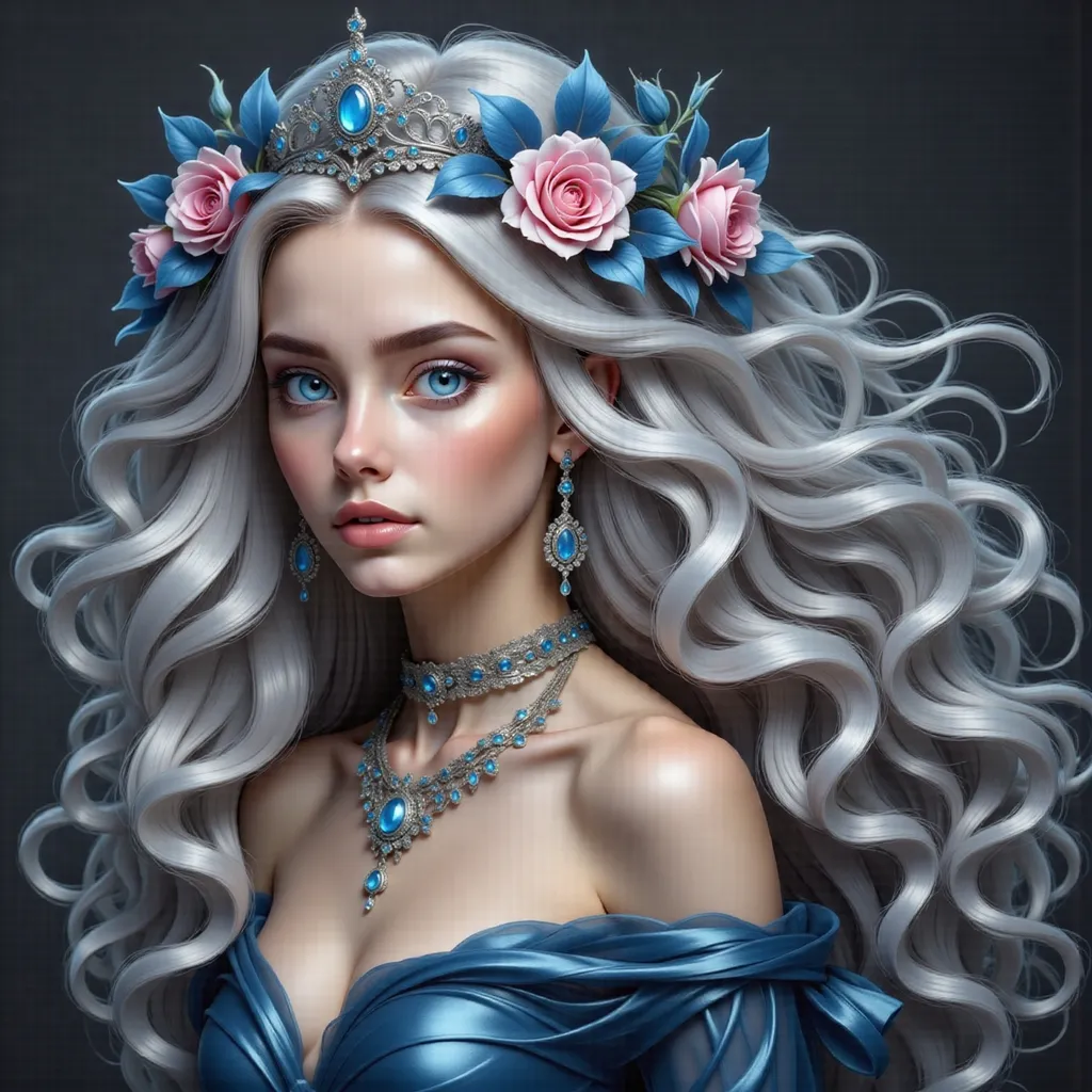 Prompt: a woman with long hair and a tiara with roses on her head and a blue dress with a rose on her shoulder, Anna Dittmann, fantasy art, highly detailed digital painting, a photorealistic painting