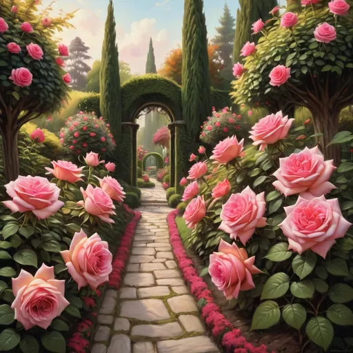 Prompt: A lush garden bursts with vivid pink and red roses, creating a breathtaking pathway that winds through the vibrant blooms. Tall cypress trees stand majestically on either side, guiding the viewer's gaze toward a softly arching trellis filled with flowers, framed by a serene, light-filled background that suggests a peaceful afternoon. The path, constructed of cobblestone, is gently strewn with fallen rose petals, adding to the idyllic and romantic atmosphere. The overall composition, bathed in warm, diffused sunlight, evokes a sense of tranquility and beauty, inviting anyone who gazes upon it to imagine strolling leisurely through this floral paradise.