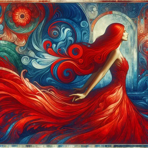 Prompt: Mage Crimson (painting of a well endowed woman in a striking red dress), vibrant, flowing red hair, red cape draping elegantly, (deep blue psychedelic background), surreal forms and patterns intertwining, created in the style of Alphonse Mucha, rich color saturation, ethereal and dreamlike atmosphere, (intricate textures), visually captivating, 4K quality, poster art aesthetic.