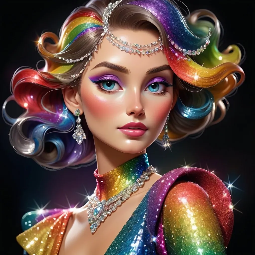 Prompt: Elegant lady in  sparkles and the colors of the rainbow