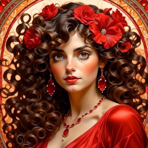 Prompt: <mymodel> An extremely gorgeous and elegant woman,  with pearl jewelry, in color scheme of red