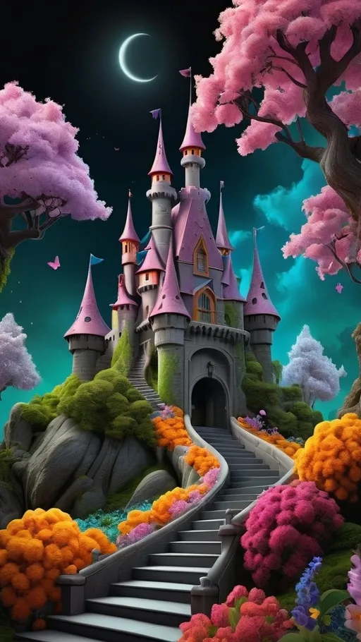 Prompt: a fantasy castle with a staircase leading to it with trees and flowers, Chris LaBrooy, fantasy art,  brilliant, bright colors on a black background