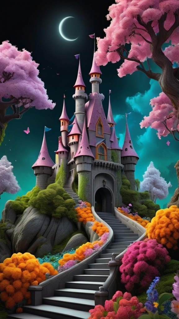 Prompt: a fantasy castle with a staircase leading to it with trees and flowers, Chris LaBrooy, fantasy art,  brilliant, bright colors on a black background