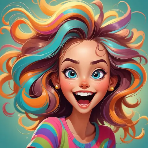 Prompt: Cartoon illustration of a cheerful girl, vibrant and lively colors, playful and whimsical style, flowing hair with dynamic movement, bright and expressive eyes, cute and endearing facial features, joyful and carefree expression, best quality, highres, colorful, cartoon, cheerful, vibrant colors, lively style, dynamic hair, expressive eyes, cute, joyful expression, playful