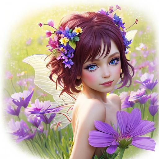 Prompt: a fairy of spring, ,wildflowers, vivid colors,  facial closeup