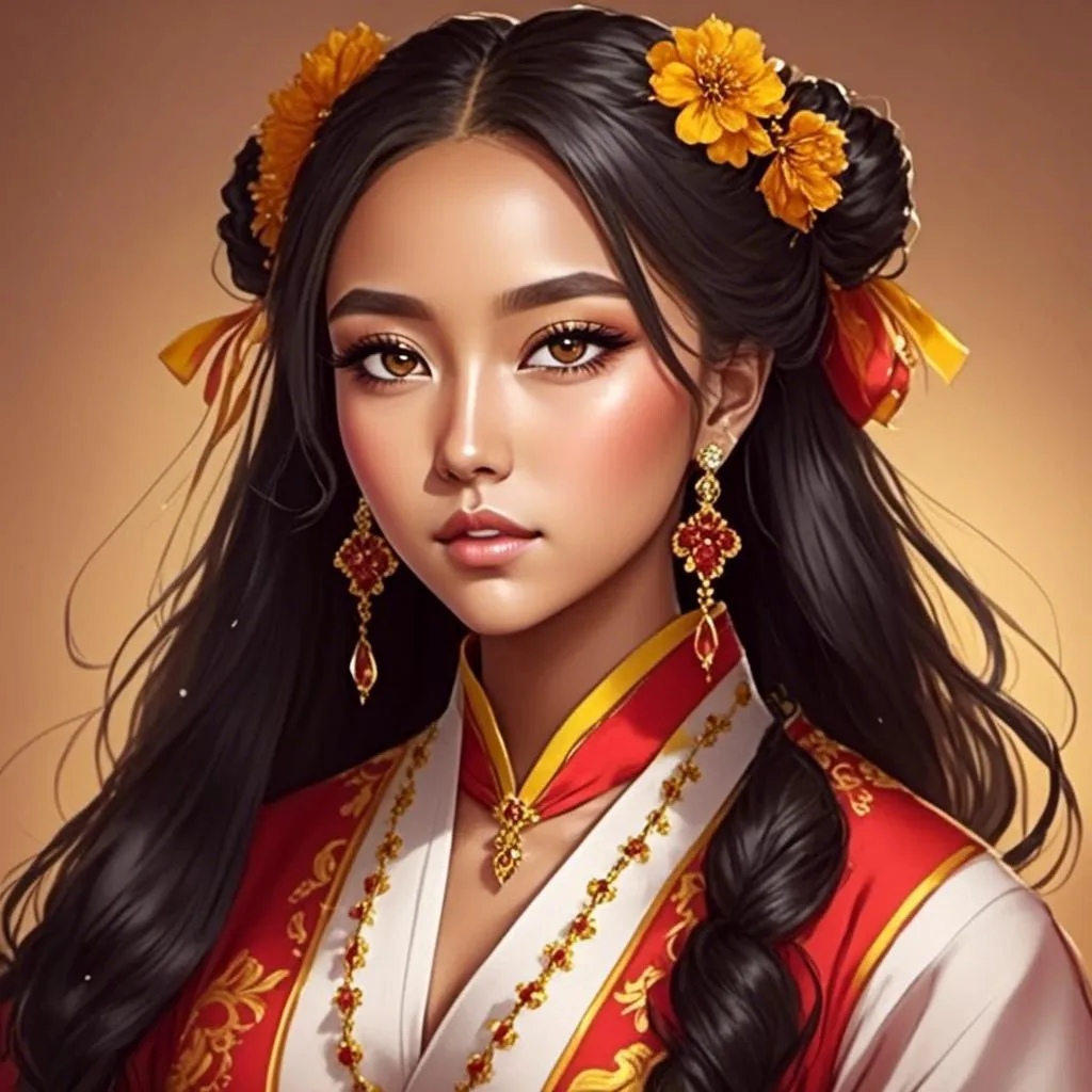 Prompt: <mymodel>A beautiful Korean young woman with long black hair and dark skin with large brown eyes  dressed in traditional Korean clothing 