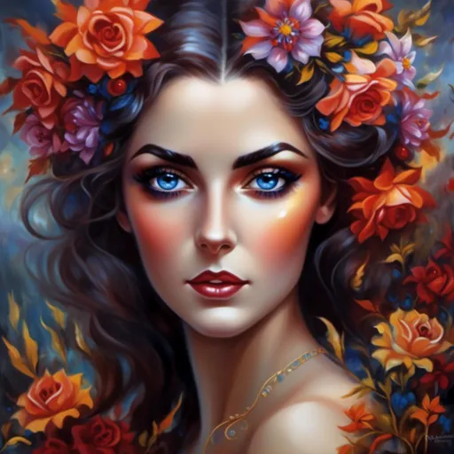 Prompt: <mymodel>Nataasha-Beautiful woman with flowers, oil painting, detailed fiery eyes, ethereal glow, dark and mysterious, high quality, vibrant colors, surreal, haunting, intricate floral details, intense gaze, mystical atmosphere, oil painting, demon, hybrid, fiery eyes, ethereal, vibrant colors, surreal, haunting, floral details, intense gaze, mystical atmosphere