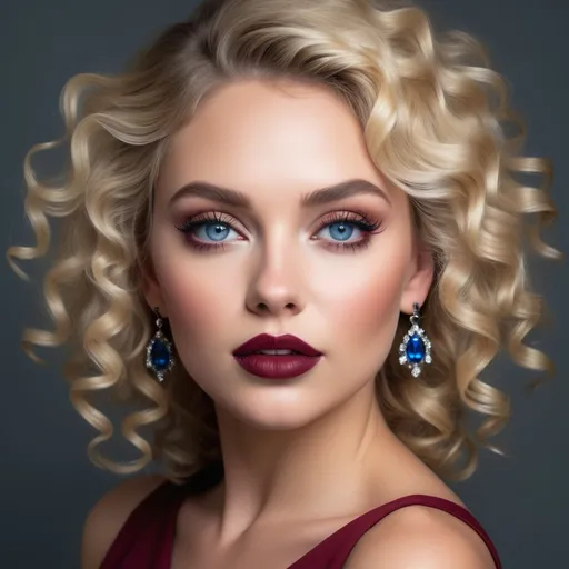 Prompt: With a striking appearance and a captivating gaze, a stunning woman with voluminous, curly, blonde hair exudes elegance. Her eyes, a clear and sparkling blue, are accentuated by thick lashes, while her softly contoured face is complemented by a deep, rich red lipstick that adds intensity to her expression. Dressed in a sleek maroon outfit that gracefully frames her shoulders, she wears elaborate, teardrop earrings embellished with sparkling gems, enhancing her sophisticated look. The muted gray background provides a serene contrast, focusing attention entirely on her polished and glamorous image. The overall composition radiates a timeless beauty, evoking a sense of classic Hollywood glamour and allure.