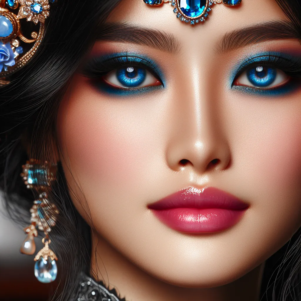 Prompt: <mymodel>a Sapphire lady, feminine elegant princess ,  dark hair, large blue eyes, wearing jewls in her hair,  beautiful makeup, blue eyeshadow, dark pink lipstick, facial closeup