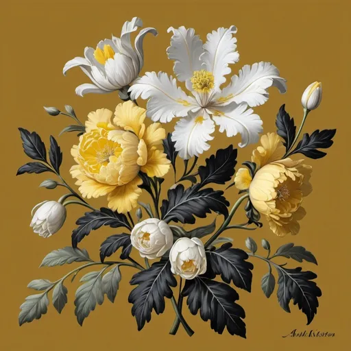 Prompt: a black background with yellow and white flowers on it's sides and leaves on the sides of the flowers, Annabel Kidston, rococo, highly detailed digital painting, a flemish Baroque