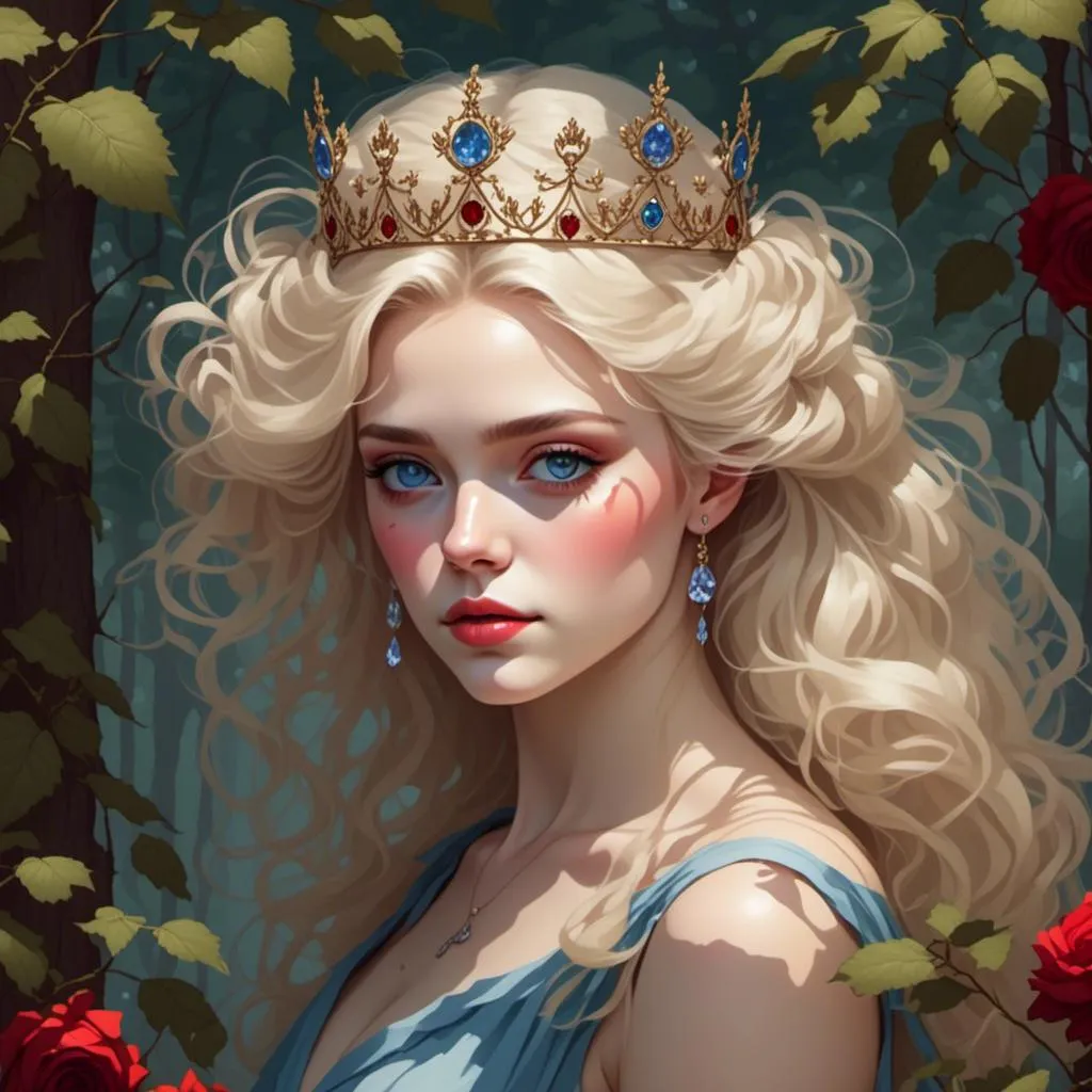 Prompt: <mymodel>Fairy tale, beautiful girl with white skin, (perfect face), light golden hair, blue pupils, red lips, forest style, mysterious, vintage fashion-dresses, with a transparent crystal crown on her head, the woman's body is so white Glows, (high detail) sitting on an oversized red rose, hyperdetail, ultra high definition.