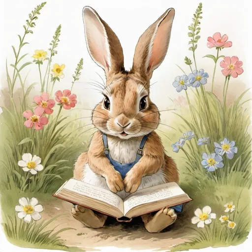 Prompt: a rabbit reading a book while sitting on the ground with its eyes open and ears closed, with grass and flowers in the background, Beatrix Potter, art & language, storybook illustration, a storybook illustration