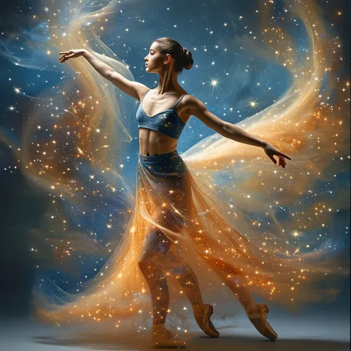 Prompt: a stunning depiction of a dancer whose flowing movements create beautiful, swirling galaxies. The dancer's form and dress are painted with stars and cosmic dust, illustrating the harmony between human expression and the universe. Light background 