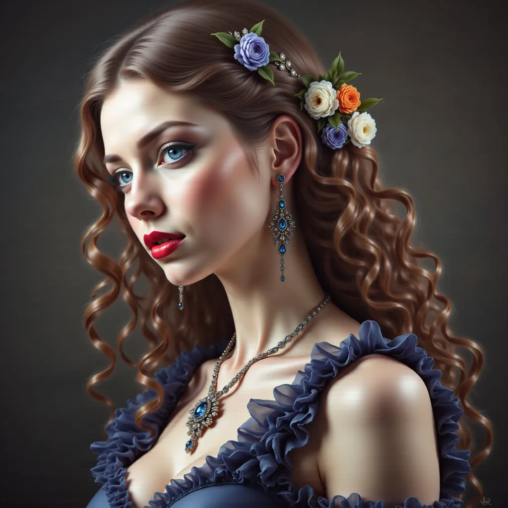 Prompt: a woman with flowers in her hair , with a blue dress and necklace, Anne Stokes, gothic art, highly detailed digital painting, a detailed painting