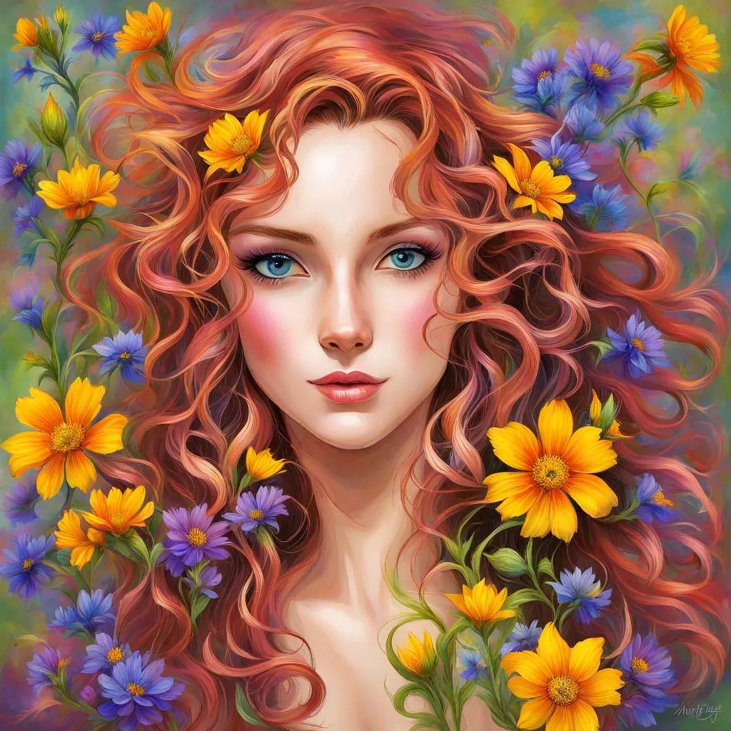 Prompt: a fairy of spring, ,wildflowers, vivid colors,  facial closeup