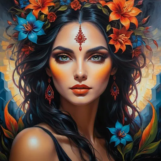 Prompt: Beautiful  hybrid woman with flowers sprouting from her, oil painting, detailed fiery eyes, ethereal glow, dark and mysterious, high quality, vibrant colors, surreal, haunting, intricate floral details, intense gaze, mystical atmosphere, oil painting, demon, hybrid, fiery eyes, ethereal, vibrant colors, surreal, haunting, floral details, intense gaze, mystical atmosphere