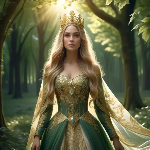 Prompt: (medieval princess), elegant gown with intricate patterns, detailed golden embroidery, ornate crown adorned with jewels, flowing long hair cascading down, standing in a lush green forest, soft sunlight filtering through the leaves, serene and ethereal atmosphere, enchanting background with soft colors, high detail, 4K, magical ambiance.