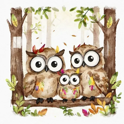 Prompt: Cartoon-style illustration of adorable owls, vibrant and colorful feathers, playful and expressive facial features, whimsical woodland setting, lush and vibrant vegetation, high quality, vibrant colors, cute, cartoon style, playful, whimsical, vibrant lighting