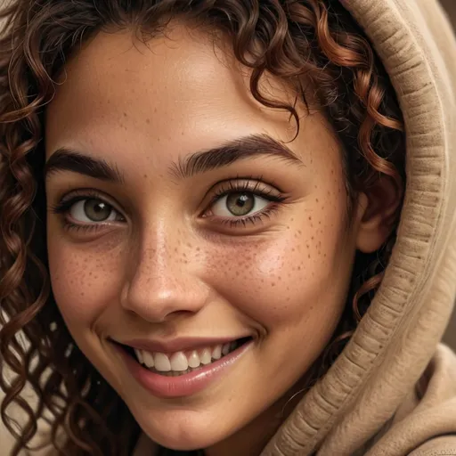 Prompt: A young woman with curly hair and a warm smile captivates the viewer with her expressive eyes, accentuated by playful tendrils framing her face. She is partially cloaked in a soft hood, which adds an air of mystery to her vibrant character. The image has a monochromatic sepia tone that enhances the depth of her features, including her freckles and charming grin. The composition draws attention to her face, emphasizing her genuine demeanor and inviting presence, evoking a sense of warmth and approachability. The overall mood blends confidence and kindness, capturing a moment of personal connection and authenticity.
