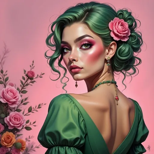 Prompt: a painting of a woman with flowers in her hair and a green dress with a pink background and a pink background, Charlie Bowater, gothic art, highly detailed digital painting, a digital painting