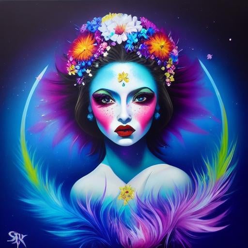 Prompt: Flower Siren graffiti art, splash art, street art, spray paint, oil gouache melting, acrylic, high contrast, colorful polychromatic, ultra detailed, ultra quality, CGSociety