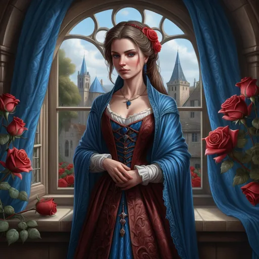 Prompt: a woman in a 16th century dress standing in front of a window with roses around her and a blue shawl, Anne Stokes, fantasy art, highly detailed digital painting, a character portrait