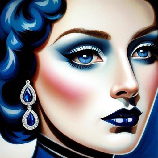 Prompt: Glamorously dressed lady of rhe 1930's wearing sapphire jewelry,blue eyes