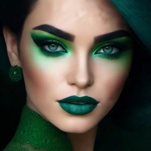 Prompt: <mymodel>Detailed illustration of a woman in vibrant green attire, large vivid green eyes, elegant makeup, digital painting, high resolution, realistic style, vibrant green, professional lighting