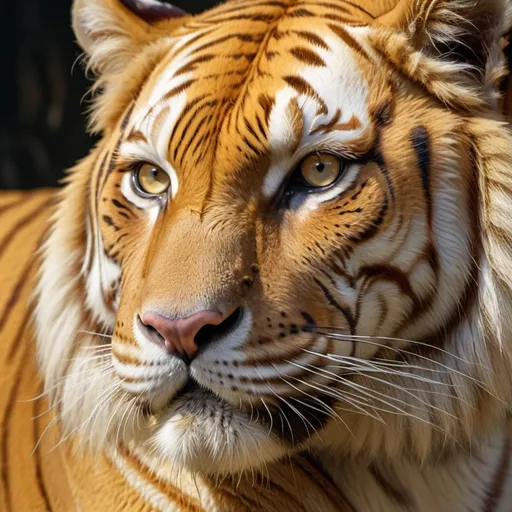Prompt: Detailed close-up of a golden tiger, shimmering fur with intricate patterns, majestic stance, luxurious and regal, 4k, ultra-detailed, realistic, rich color tones, golden lighting, detailed eyes, majestic, opulent, animal portrait, wildlife art, intense gaze, golden fur details