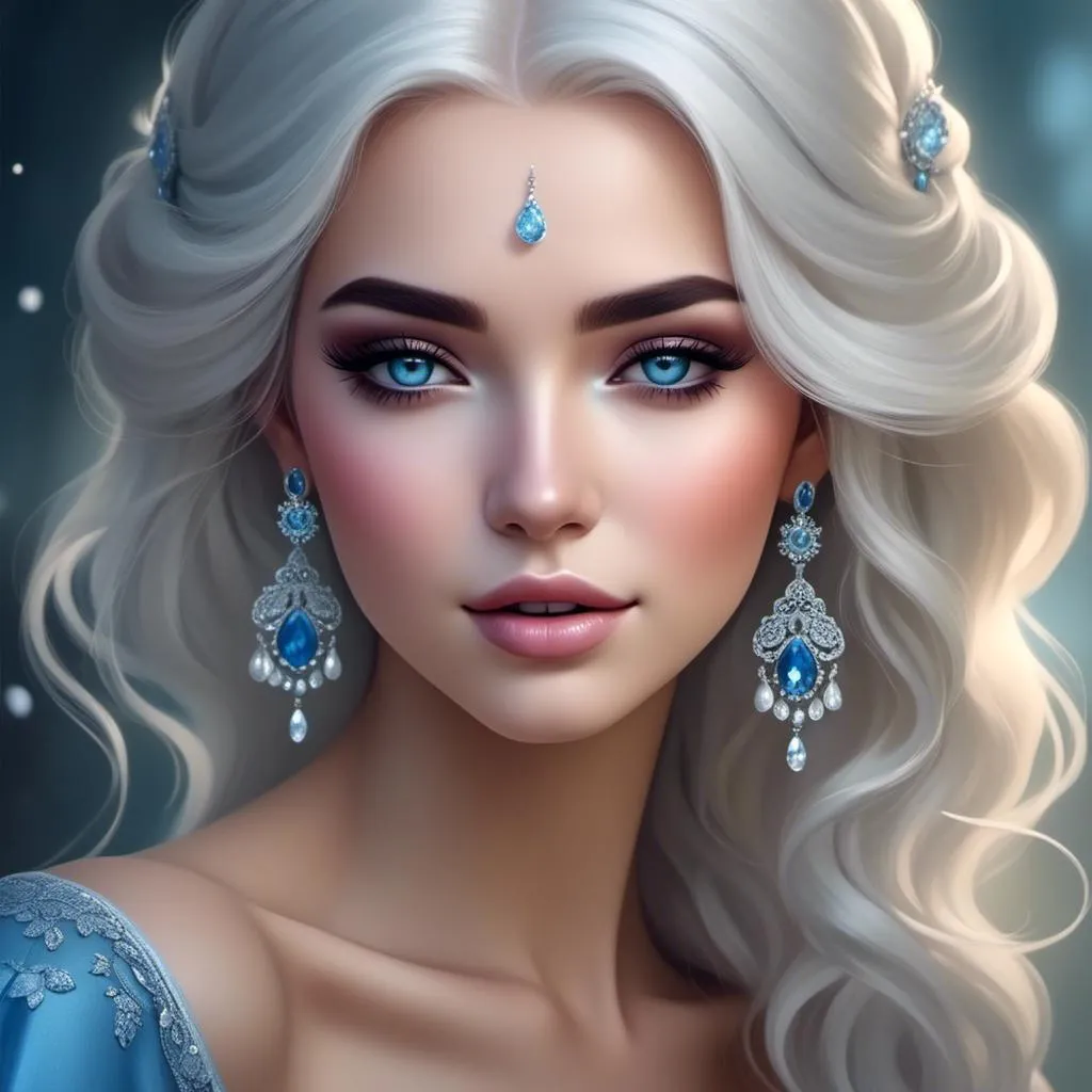 Prompt: <mymodel>High-res digital painting of a beautiful woman with snow white hair and pastel highlights, frosty blue eyes, blue eyeshadow, and blue jewels on her forehead, ethereal fantasy style, cool tones, soft and magical lighting, detailed facial features, professional, elegant, high quality