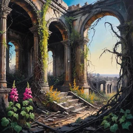 Prompt: Flowers blooming from apocalyptic ruins, oil painting, detailed vines and overgrown foliage, high contrast, post-apocalyptic, vibrant and desolate, intense shadows, vivid colors, haunting beauty, moody lighting