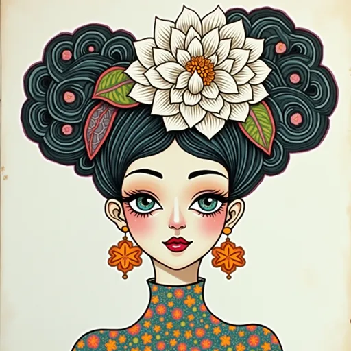 Prompt: a woman with a colorful face and a flower in her hair is depicted in a stylized painting, Android Jones, art deco, art nouveau fashion embroidered, an art deco painting