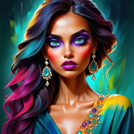 Prompt: digital painting, dramatic colourful makeup, high fashion, intense gaze, realistic portrayal, vibrant colors, detailed features, highres, professional, dramatic, realistic, digital painting, intense gaze, vibrant colors, detailed features, high fashion, glamorous lighting