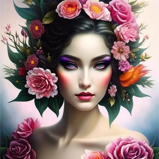 Prompt: Beautiful  hybrid woman with flowers sprouting from her, oil painting, detailed fiery eyes, ethereal glow, dark and mysterious, high quality, vibrant colors, surreal, haunting, intricate floral details, intense gaze, mystical atmosphere, oil painting, demon, hybrid, fiery eyes, ethereal, vibrant colors, surreal, haunting, floral details, intense gaze, mystical atmosphere