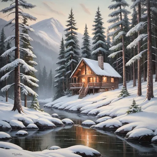 Prompt: Snowy forest landscape, oil painting, snowy pine trees, cozy cabin, winter wonderland, high quality, realistic, traditional, cool tones, soft lighting, detailed snowflakes, serene atmosphere