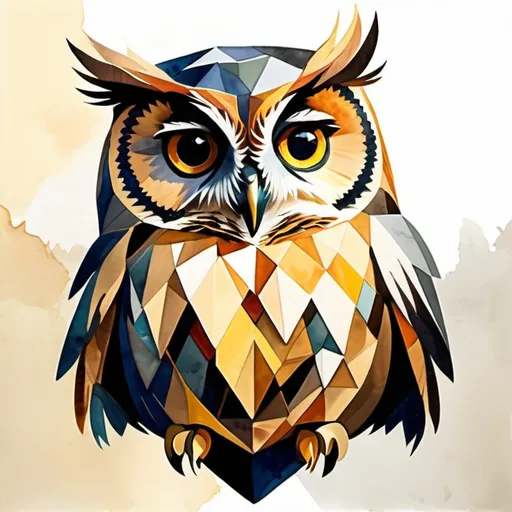 Prompt: owl in a watercolor painting cubism art style